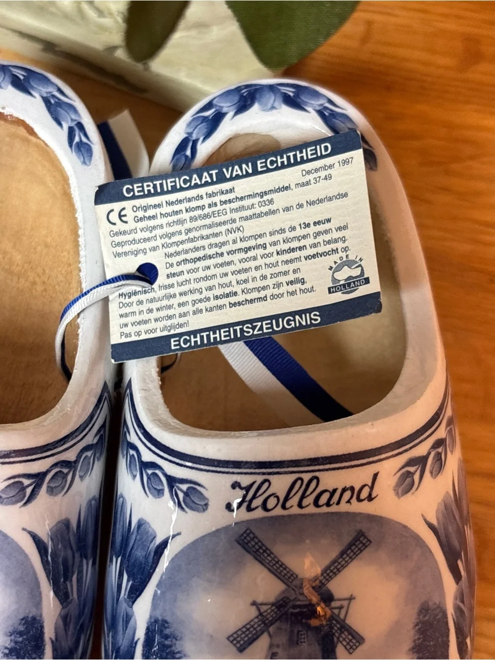 Vintage Holland Dutch Wooden Clogs Blue White Windmill Shoes Netherlands